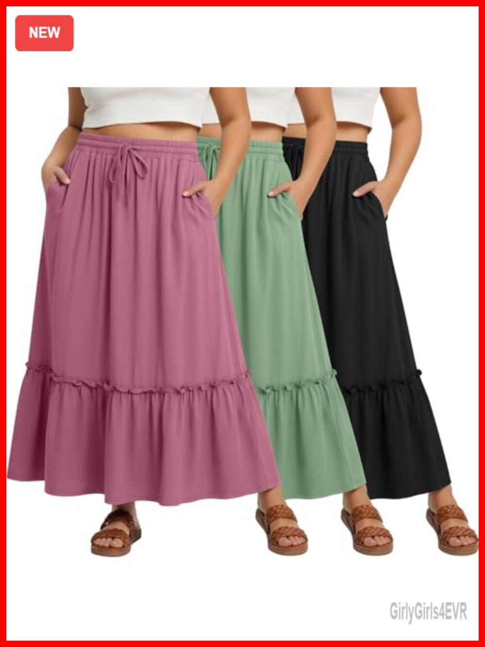 Plus Size Tiered Ruffle Maxi Skirt 3 Pack Drawstring Elastic Waist